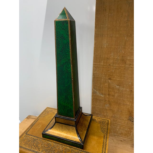 Vintage Hand Painted Faux Malachite Tole Obelisk with Gilt Trim signed M.W. bishop 1991