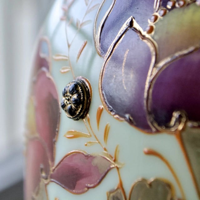 Asian Bohemian Uranium Opaline Glass Jar With Enamel Lotus Decoration – 3d Embossed, Circa 1870s For Sale - Image 3 of 8