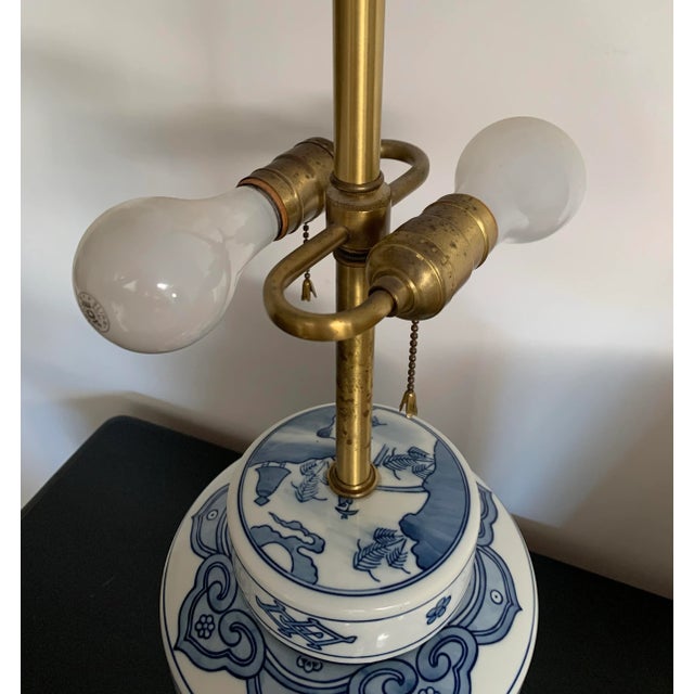 Ceramic Vintage Blue & White Chinoiserie Table Lamp With Shade For Sale - Image 7 of 7