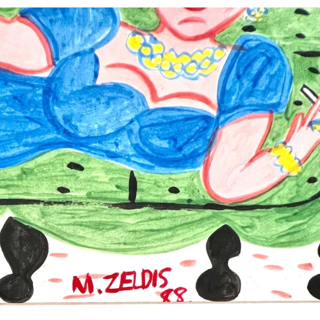 Malcah Zeldis, Malcah Zeldis Folk Art Gouache Painting Wine & Cigarettes Woman Outsider Artist, 1988 For Sale - Image 4 of 8