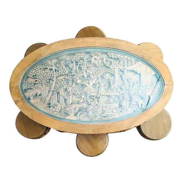 1950s Hand-Carved Asian Hardwood Coffee Table With Glass Top & 6 Nesting Stools For Sale