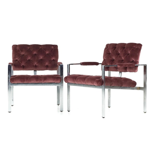 Mid-Century Modern Milo Baughman for Thayer Coggin Chrome Tufted Arm Chairs - Pair For Sale - Image 3 of 10