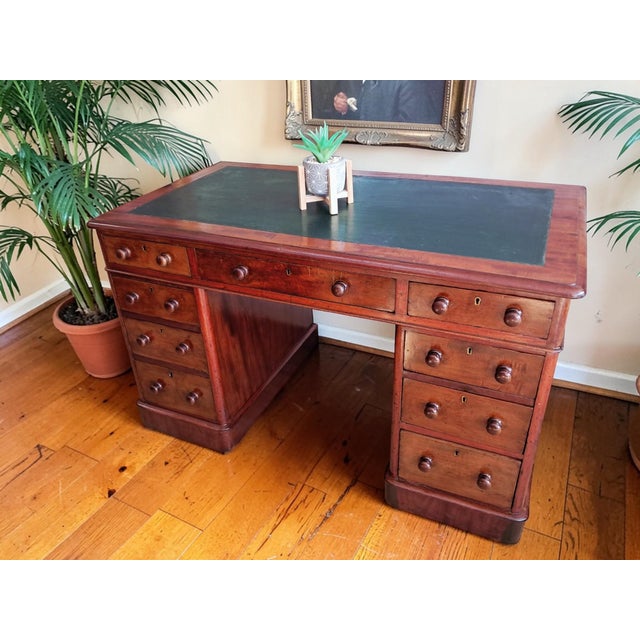Antique Victorian Mahogany Pedestal Desk with Green Leather, 1890s For Sale - Image 11 of 18