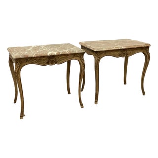 1970s Carved Oak and Marble Louis XV Style End Tables, a Pair For Sale