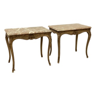 Carved Oak and Marble Louis XV Style End Tables, a Pair For Sale