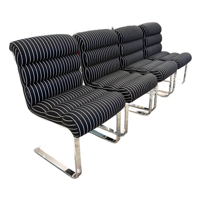 Set of Four 1970's Pace Collection Mariani Lugano Cantilever Dining Chairs in Black/White Stripe For Sale