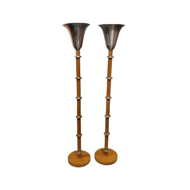 1940s Russel Wright Art Deco Hardrock Maple and Spun Aluminum Torchiere Floor Lamps - a Set of 2 For Sale - Image 13 of 13