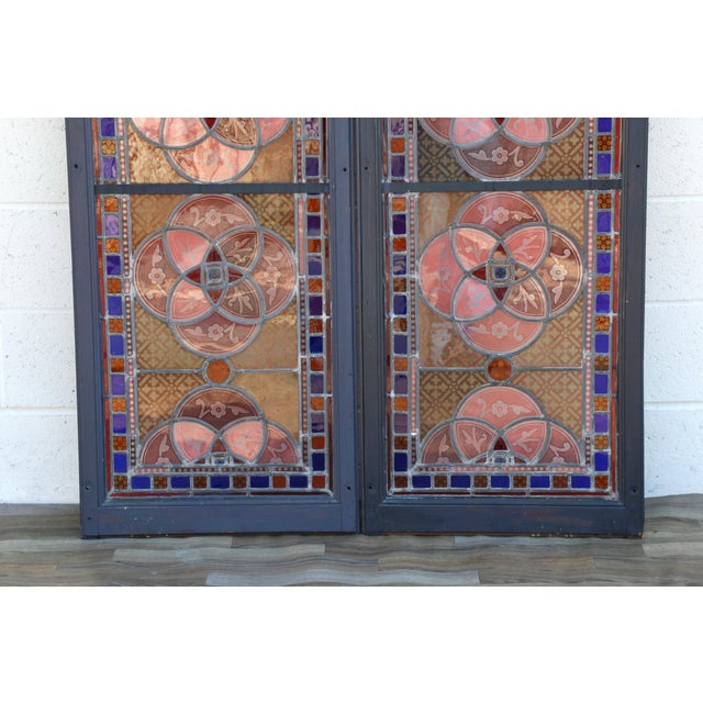 Antique Victorian Gothic Hand-Painted Stained Glass Windows in Wood Frames, Circa 1900 – Pair For Sale - Image 9 of 18