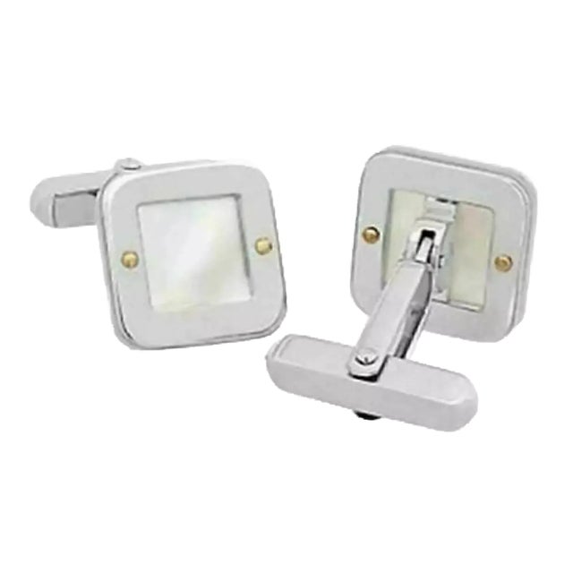25129 - Baraka Mother of Pearl 18k Two Tone Gold Square Top Stud Cufflinks, 2 Pieces For Sale