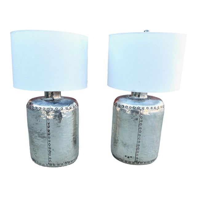 Pottery Barn Siver Hammered Metal Rivet Table Lamps W/Shades-Pair For Sale