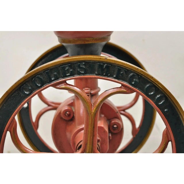 Metal Antique Coles MFG Co Cast Iron Red Green Victorian Large Coffee Mill Grinder For Sale - Image 7 of 12