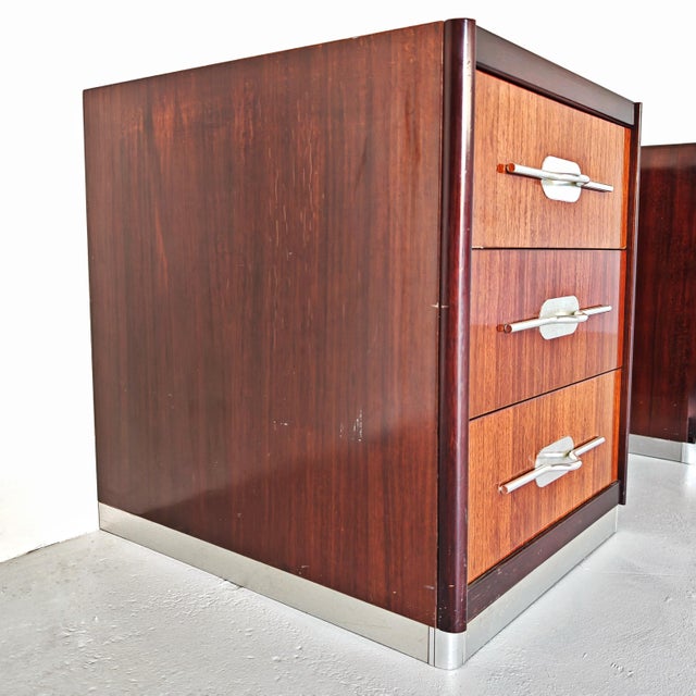 Vintage Walnut Bedside Tables with Metal Inserts, Italy, 1970s, Set of 2 For Sale - Image 6 of 18