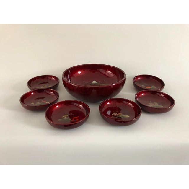 Asian decorative Lacquered seven pieces salad or fruit set,, makers mark reads “made in Japan” in excellent unused...