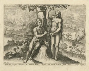 Visscher, Illustration of Genesis in the Testament; Adam and Eve Eating the Apple, 1674, Print