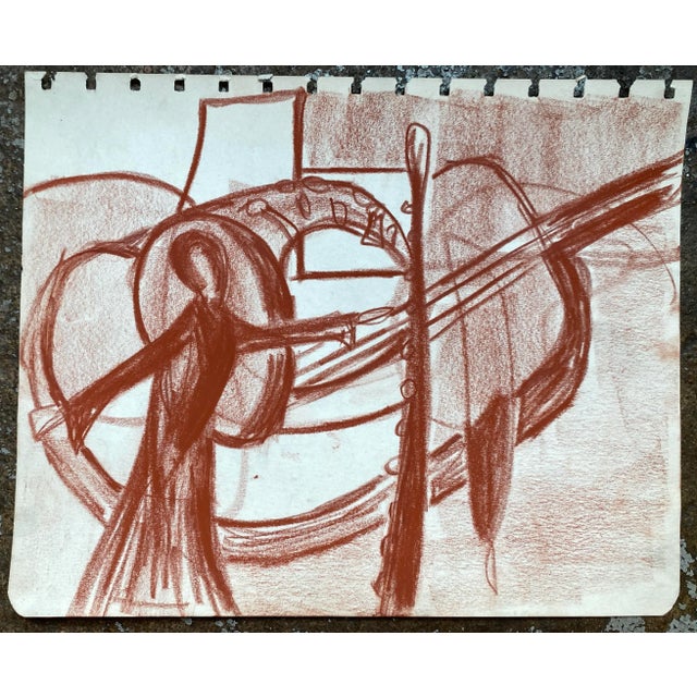 1950s MCM drawing by San Francisco area artist Virginia Spencer. Depicts a lady, apparently singing; a guitar, a saxophone...