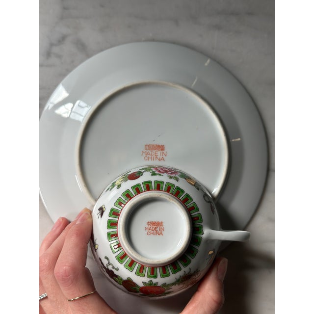 Rare Vintage Jingdezhen Famille Rose "Pineapple & Butterfly" Porcelain Teacup Trio Set - 6 Pieces For Sale - Image 12 of 12