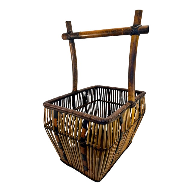 Vintage Boho Chic Burnt Bamboo and Split Reed Basket For Sale
