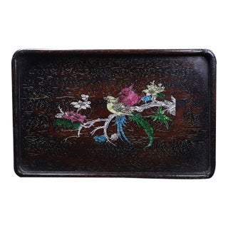 Late 19th Century Wooden Tray With Mother-of-Pearl Bird and Floral Inlay For Sale