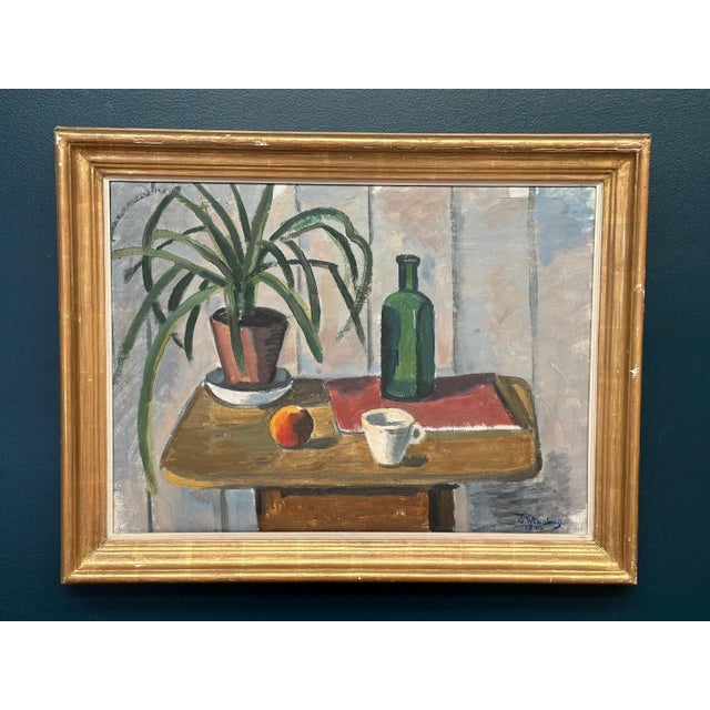 Original Swedish Oil on Canvas – “Potted Plant and Green Bottle” by Åke Winnberg – Signed & Dated 1946 – Vintage & Framed...
