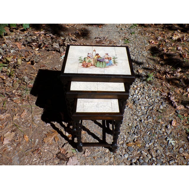 Vintage Spanish Set of 3 Hand Painted Tile Top Barley Twist Nesting Tables For Sale In Boston - Image 6 of 17