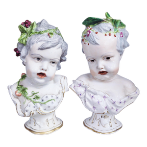 Pair of German 19th C Meissen Porcelain Busts Boy & Girl