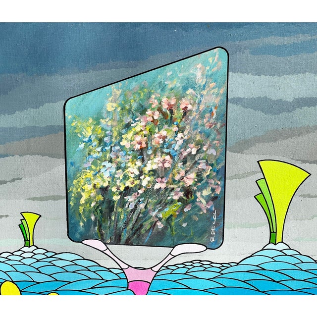 Vintage Italian Futuristic Surrealist Painting "Il Giardino-Degli Eletti" by Diego Cecchin (1987) For Sale - Image 4 of 11