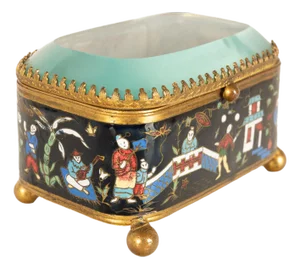 Antique French Gilt Brass Cloisonne Chinoiserie Champleve Jewelry Box Casket, 1880