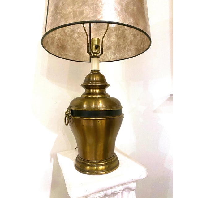 Campaign Vintage Lions Head Brass Urn Lamp With Capiz Shade For Sale - Image 3 of 7