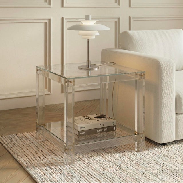 Vintage Italian side table from the 1980s made of clear acrylic, modular pieces joined together with screws and topped...