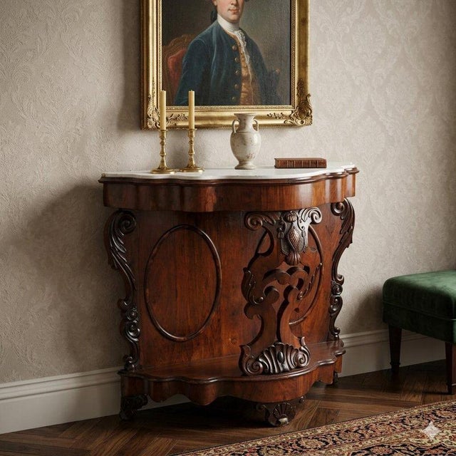 Louis Philippe console table. White marble top resting on a molded structure supported by a pierced front panel, carved...