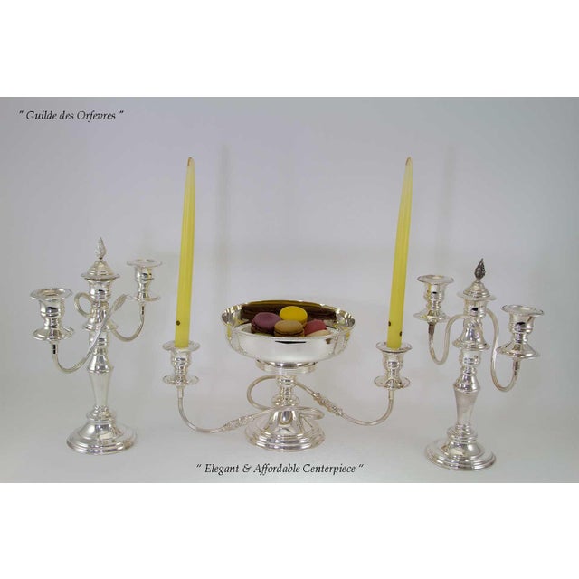 English 1980’s Vintage/New Silver Centerpiece Epergne & Pair of Candelabras- 3 Pieces For Sale - Image 3 of 13