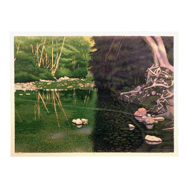 1990 "Coastal River" Realistic River Woodcut Etching Print by Gordon Mortensen For Sale