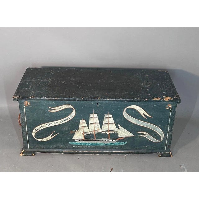 Dark Green 19th Century Dark Green-Blue Painted Maritime Sea Chest / Trunk, Ship John Speark, Rockland Maine For Sale - Image 8 of 12