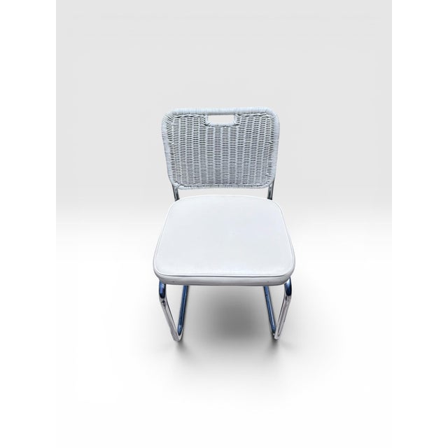 Wood Vintage Set of Four Chrome Cantilever Dining Chairs With White Woven Rattan Backs For Sale - Image 7 of 11
