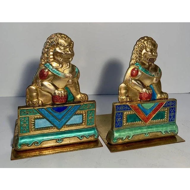 Mid 20th Century Brass and Enamel Foo Dog Bookends For Sale - Image 5 of 9