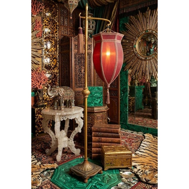 Vintage Fortuny Style Red Tassel Bridge Arm Faux Leather Gold Leaf Floor Lamp For Sale - Image 11 of 11