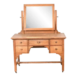 Gustav Stickley Style Mission Oak Arts & Crafts Dressing Table With Mirror and Chair, Circa 1900