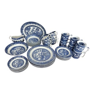 Vintage Blue Willow Woods & Sons Made in England Dinnerware Set - A Set of 48 Pieces For Sale