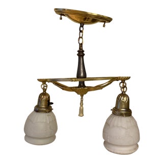 Vintage Two Light Brass Hanging Fixture With Vintage Shades For Sale