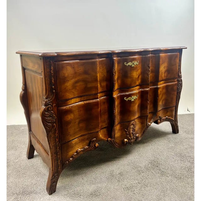 French Provincial John Widdicomb French Provincial Bombe Serpentine Burl Walnut Commode Dresser For Sale - Image 3 of 13