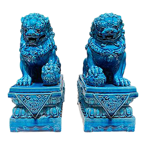 Asian 1990s Blue Fu Dog- a Pair