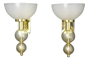 Ivory and Gold Murano Glass and Brass Cup Sconces, 1980s, Set of 2