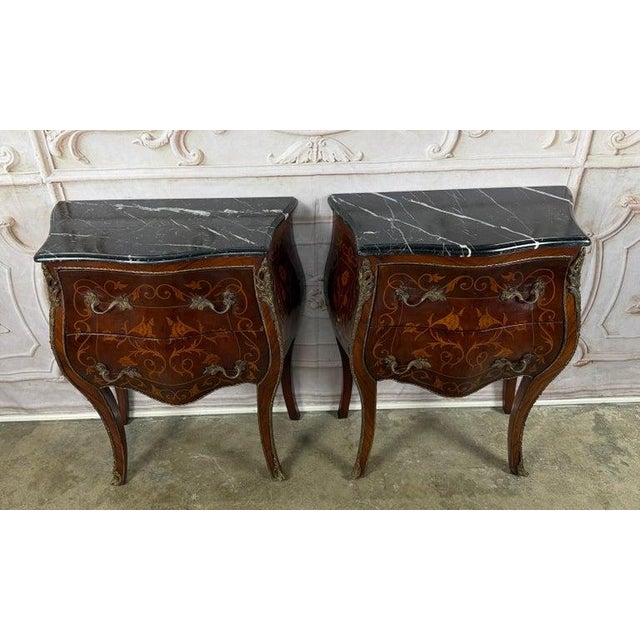 French Pair of French Louis XV Style Bombe Nightstands - With Marble Tops For Sale - Image 3 of 18