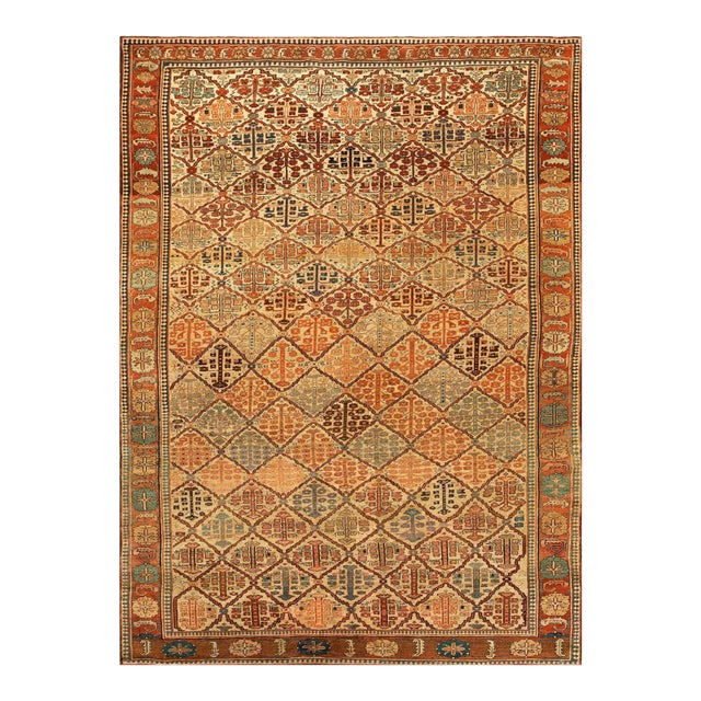 1870s Ivory Tribal Shrub Antique Nw Persian Bakshaiesh Rug 9' X 13'2" Hand Knotted Wool Carpet For Sale