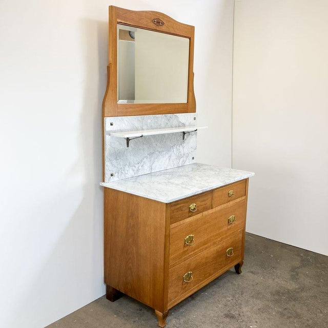 Art Nouveau Oak Chest of Drawers with Washstand, Marble and Mirror Top, 1910s For Sale - Image 6 of 9