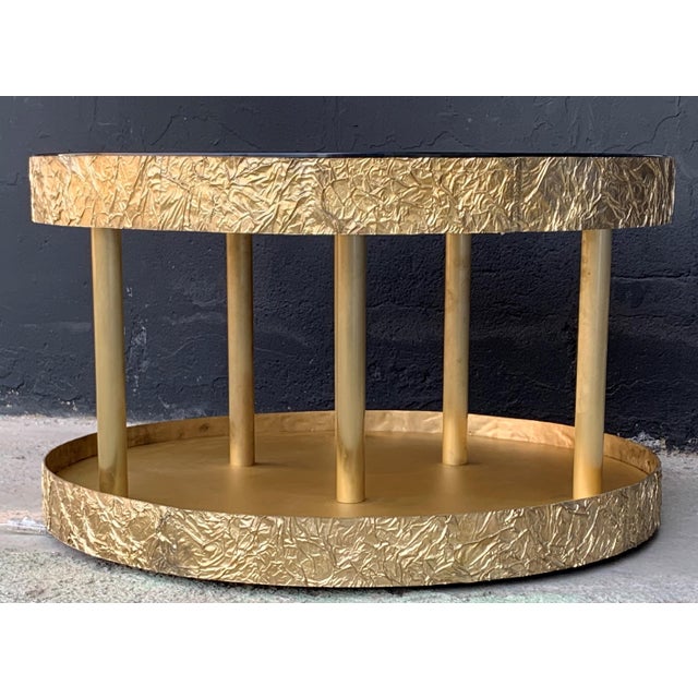 Modern Bronze and Metal Round Center Table with Black Glass and Base with Light For Sale - Image 3 of 18