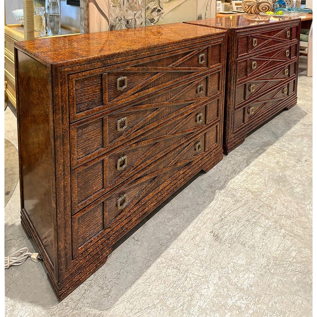 Drexel Heritage Expectations Faux Tortoise Console Chests, Vintage Pair Offered for sale is a vintage pair of elegant...