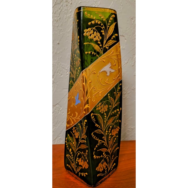 Art Nouveau 1920s Bohemian Art Nouveau Enamel Glass Vase, Emerald Green & Gilt, Moser-Style Czech For Sale - Image 3 of 9