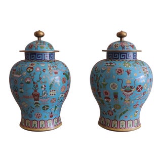 Pair of XL Antique Lidded Cloisonné Ginger Jars For Sale
