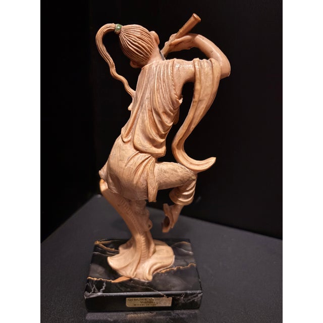 1970s Vintage Italian Fontanini- Asian Warrior and Musician Figurine Set Mid-Century Hand-Painted Sculptures on Marble Bases For Sale - Image 5 of 12